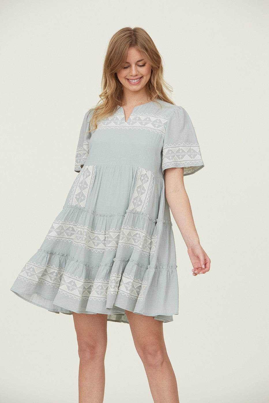 Tiered Layer Knee Length Embroidered Dress