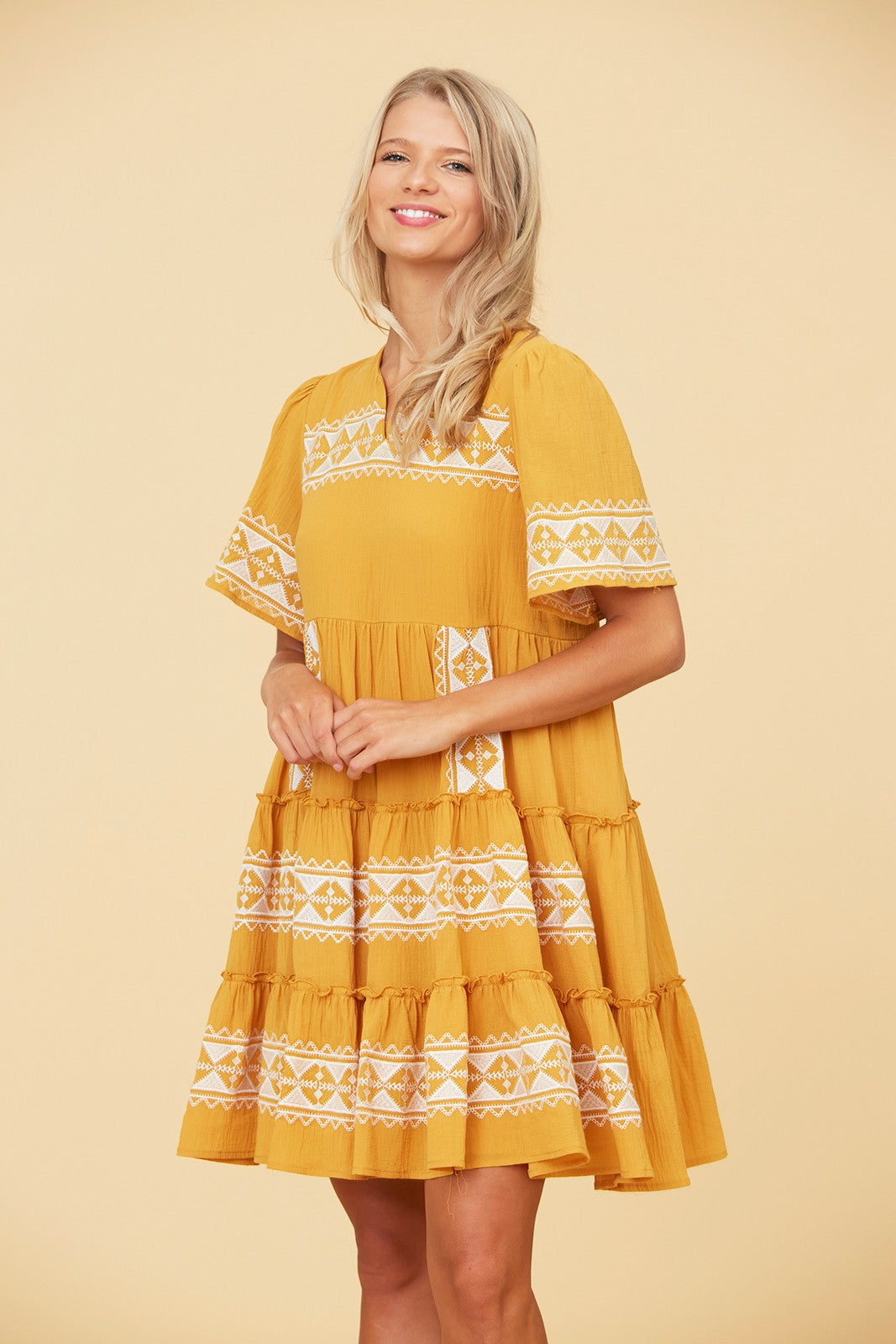 Tiered Layer Knee Length Embroidered Dress