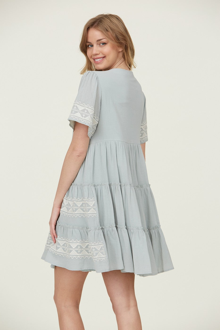 Tiered Layer Knee Length Embroidered Dress