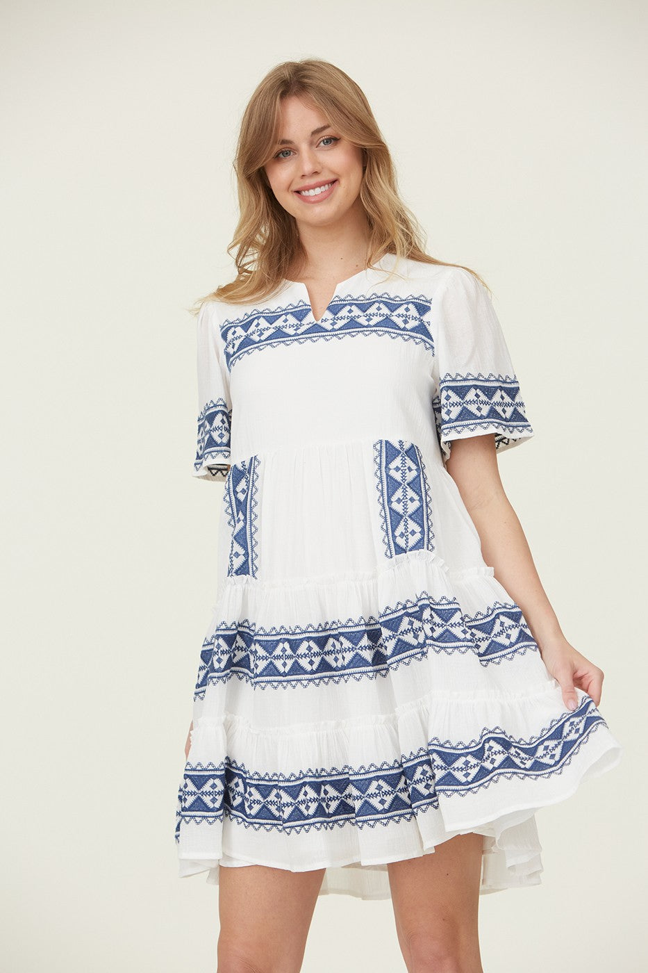 Tiered Layer Knee Length Embroidered Dress