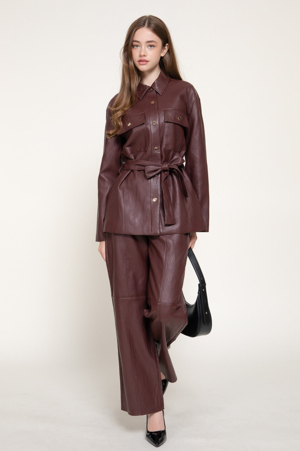 Button Down Belted Faux Leather Jacket