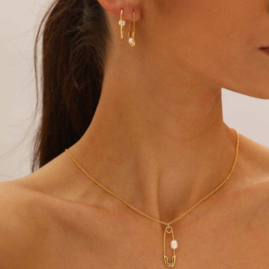 Elegant Gold Safety Pin Necklace with Pearl Accent Stella Harte