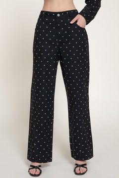 Dot Print Cotton Twill Wide Long Pants