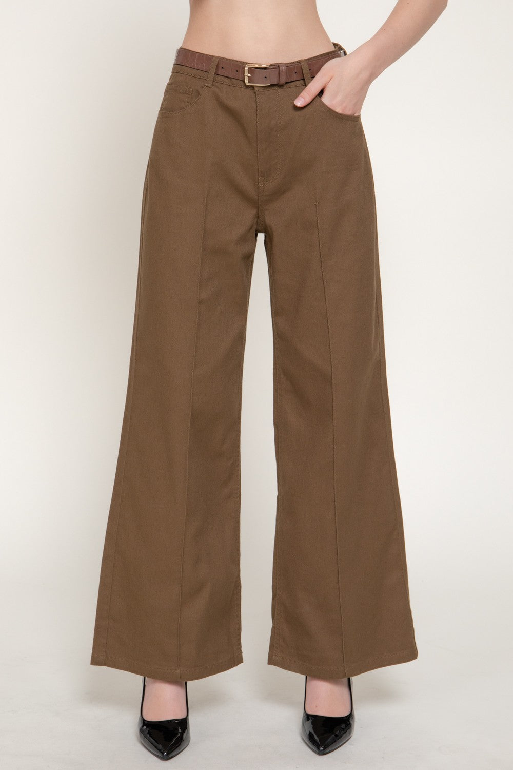 Mid Rise Belted Cotton Twill Long Pants