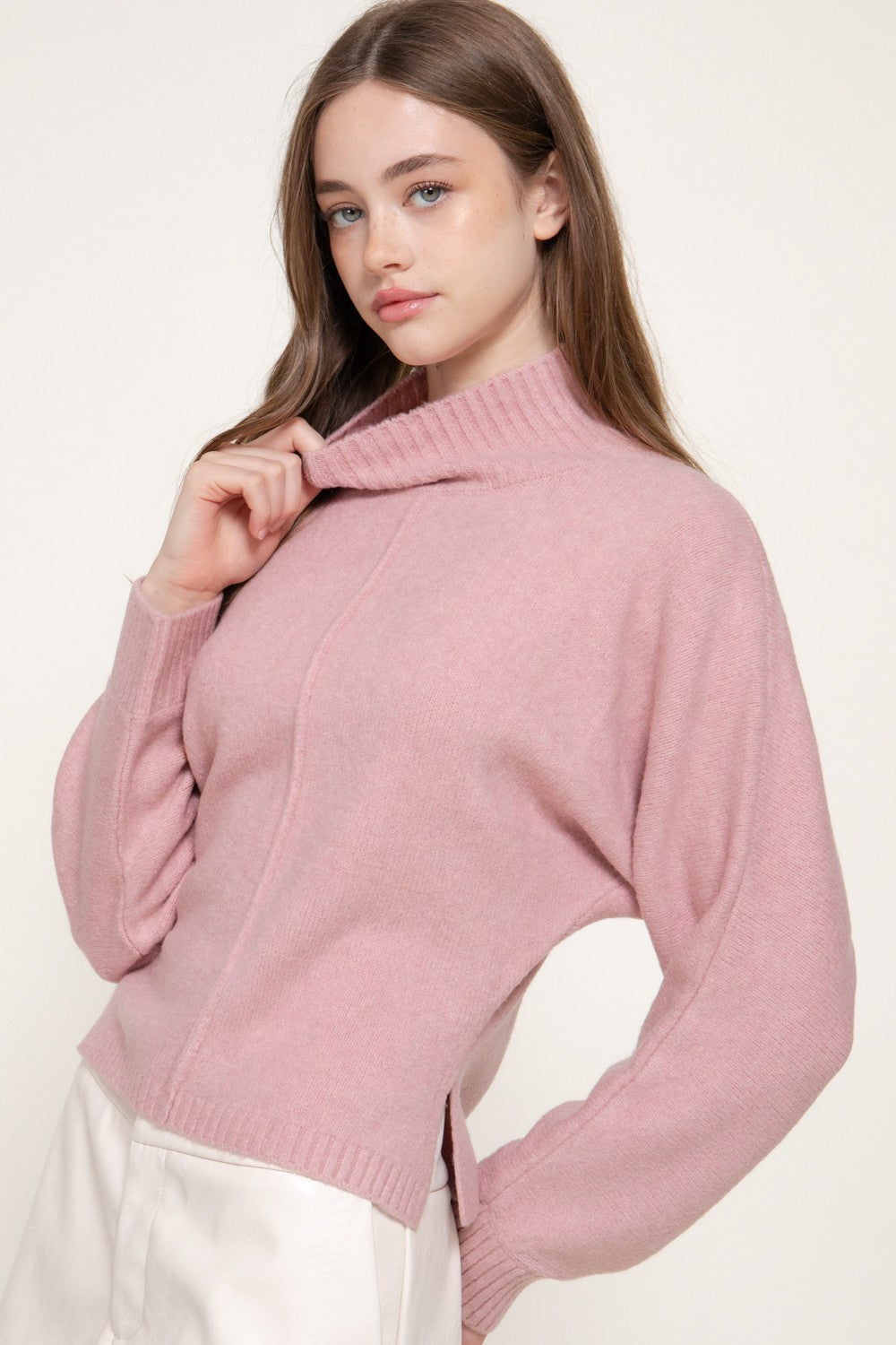 Long Slv High Neck Sweater Top