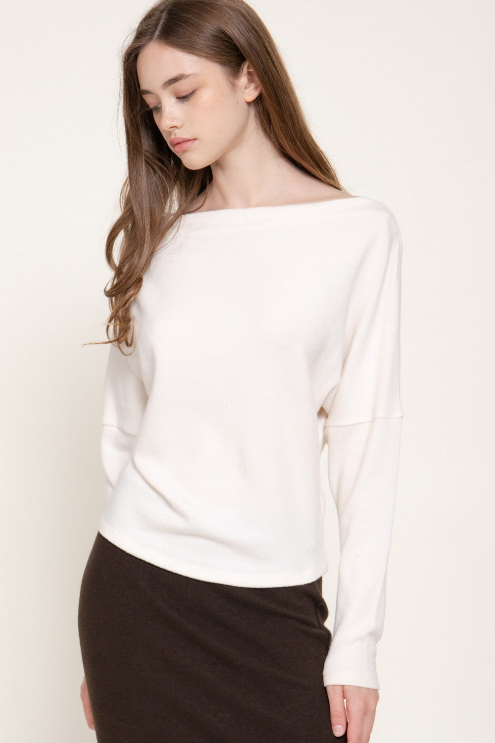 Long Dolman Slv Wide Boat Neck Brushed Knit Top