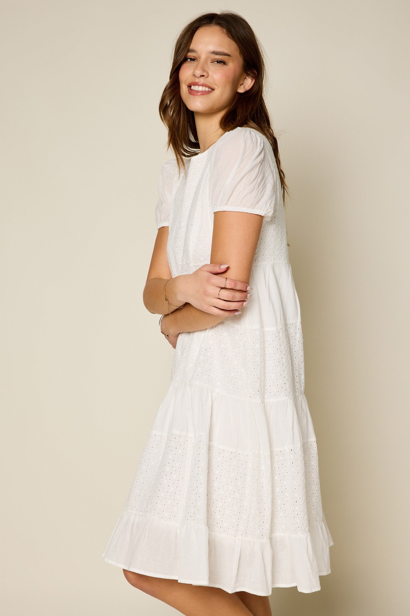 Mixed Eyelet Tiered Midi Dress