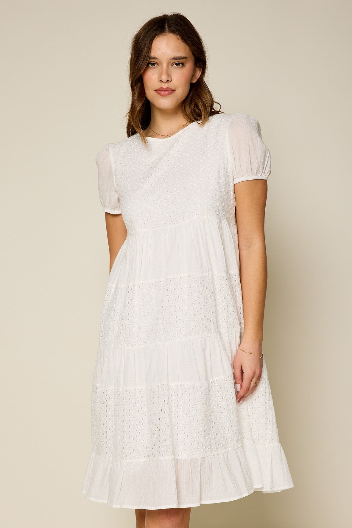 Mixed Eyelet Tiered Midi Dress