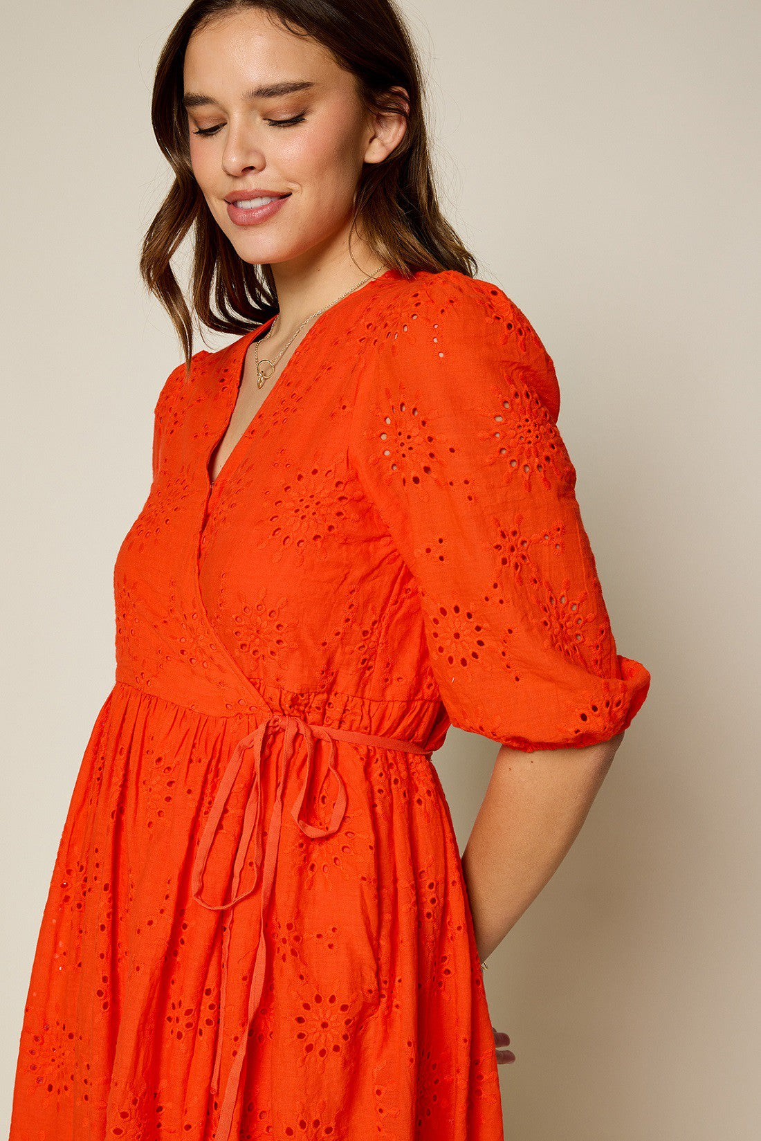 Wrap Midi Dress With Puff Sleeves