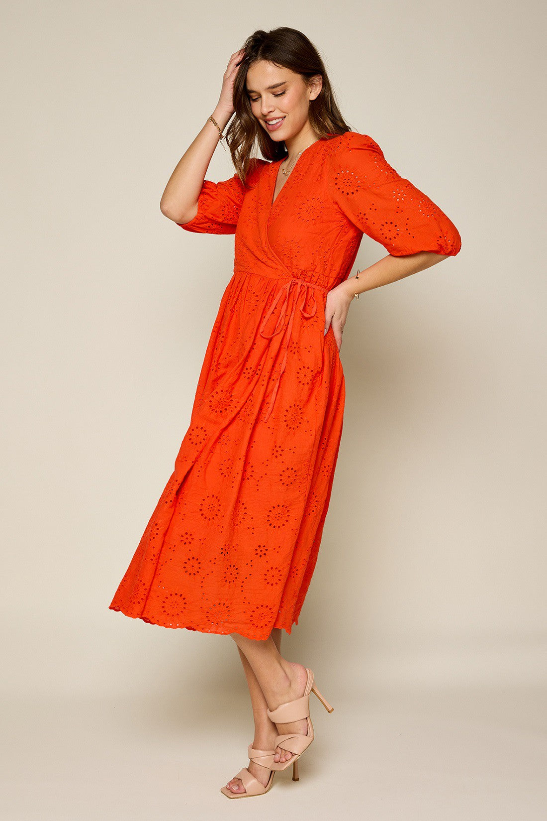 Wrap Midi Dress With Puff Sleeves