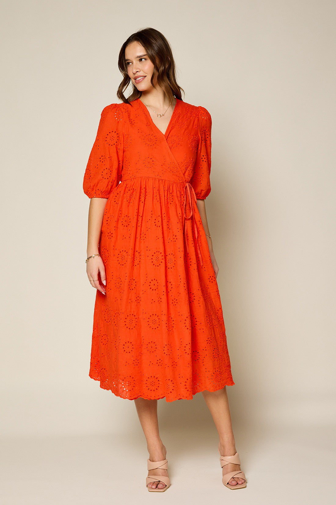 Wrap Midi Dress With Puff Sleeves