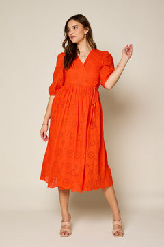 Wrap Midi Dress With Puff Sleeves