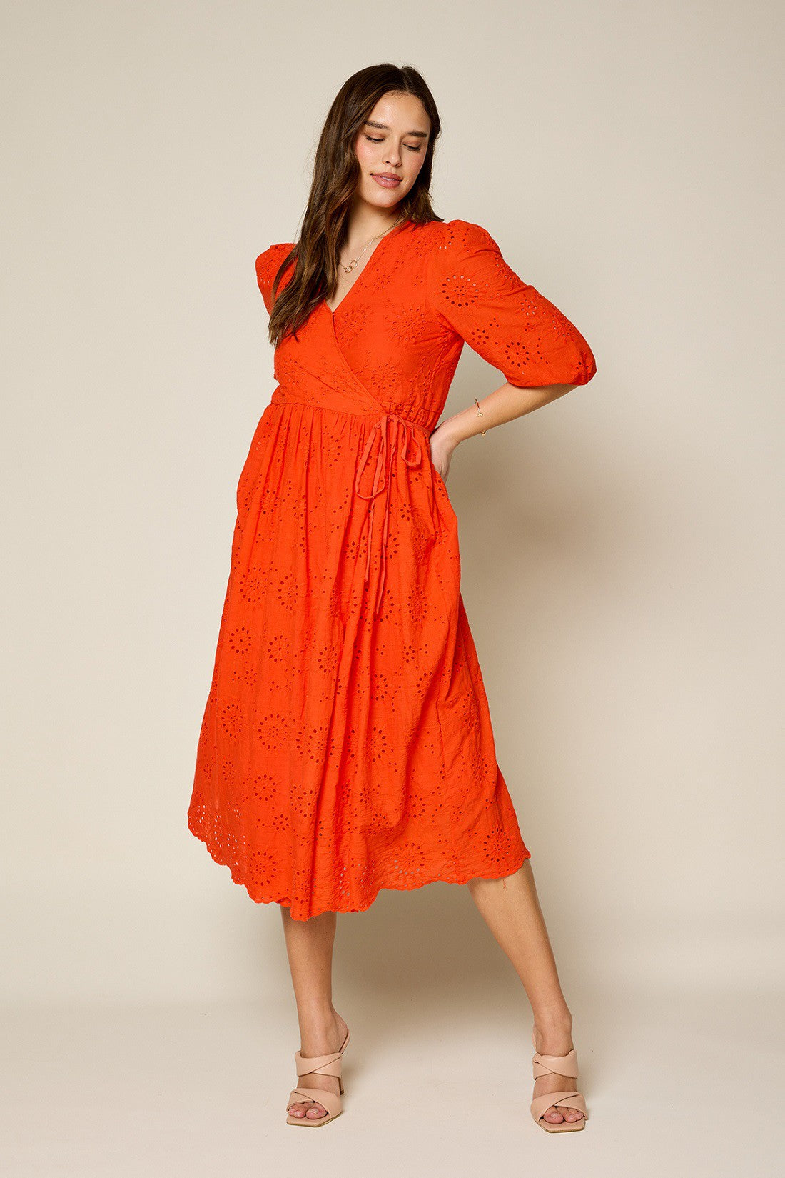 Wrap Midi Dress With Puff Sleeves