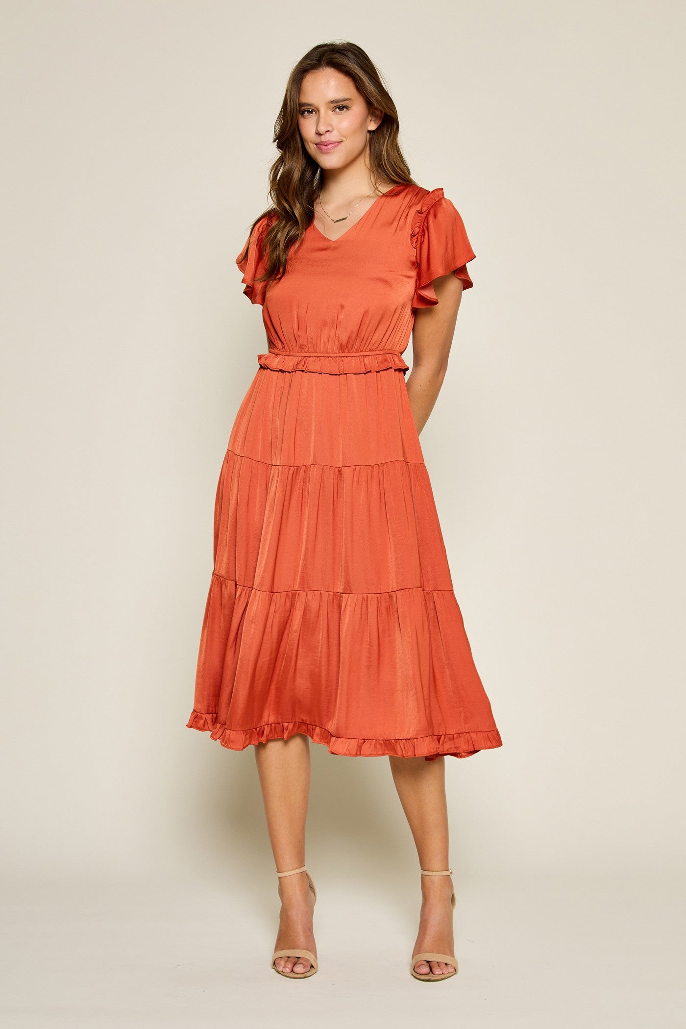 Satin Flutter Sleeve Midi Dress Plus Size