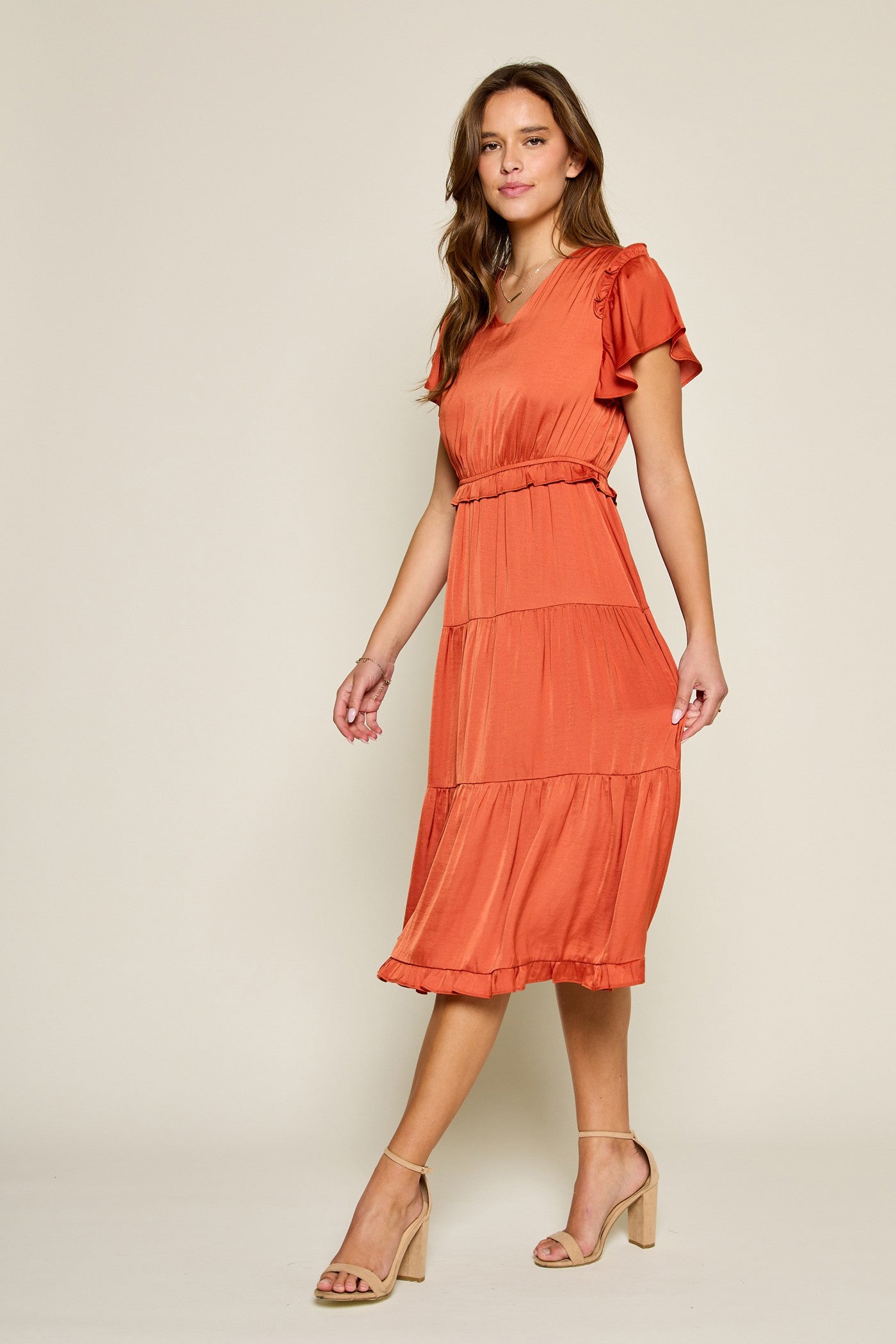 Satin Flutter Sleeve Midi Dress Plus Size