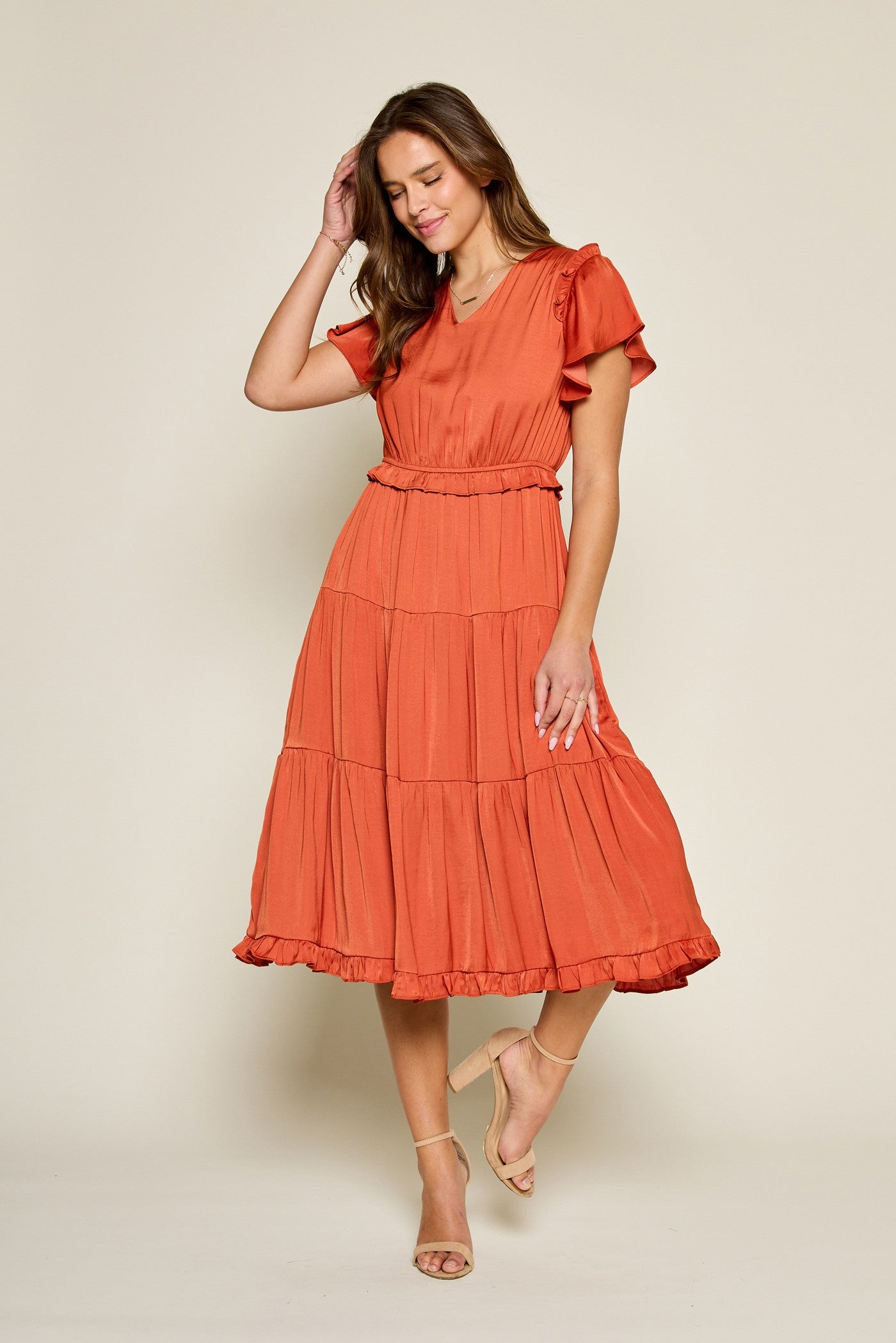 Satin Flutter Sleeve Midi Dress Plus Size