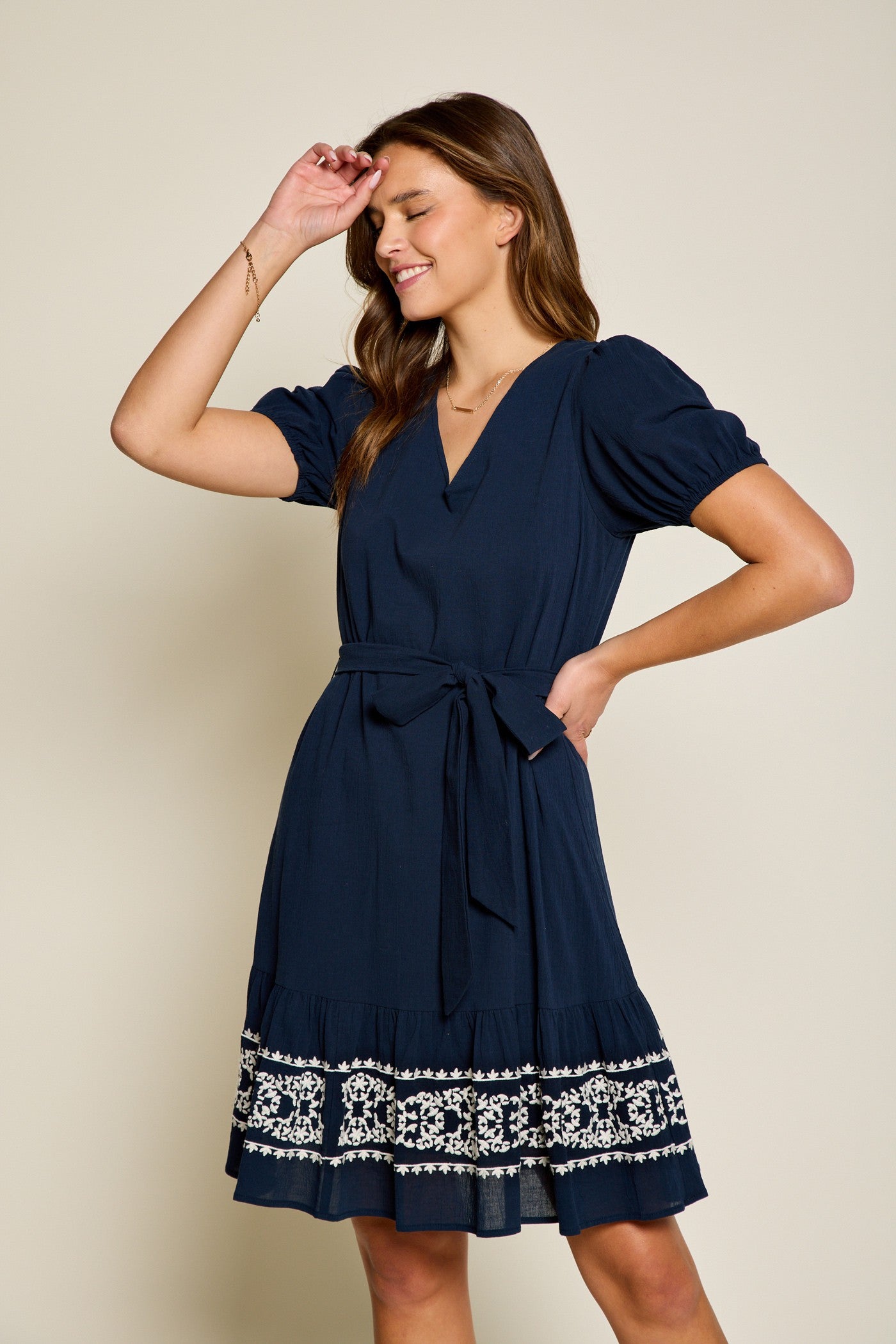 Embroidered Ruffle Hem Mini Dress
