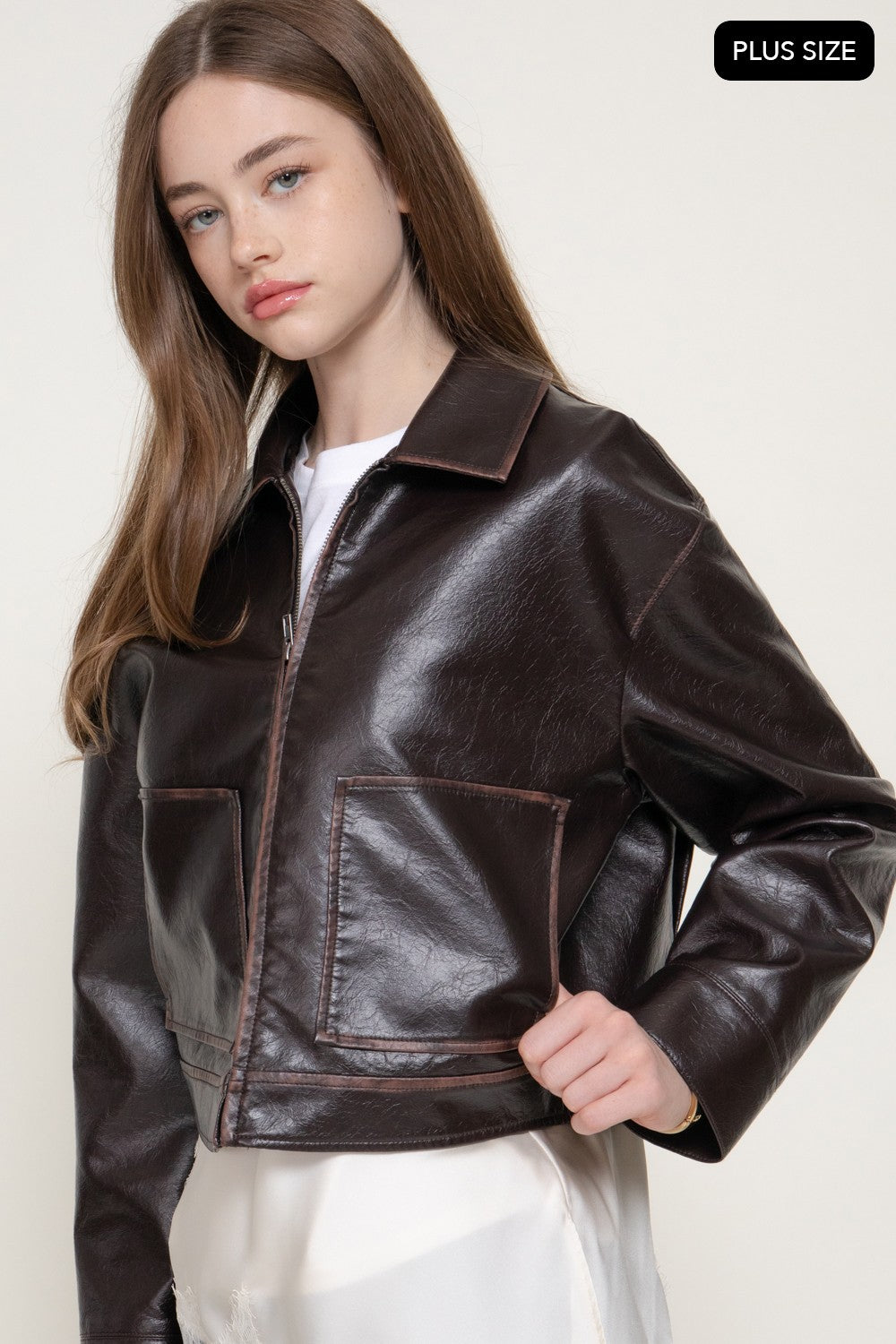 Lapel Collar Washed Effect Faux Leather Jac