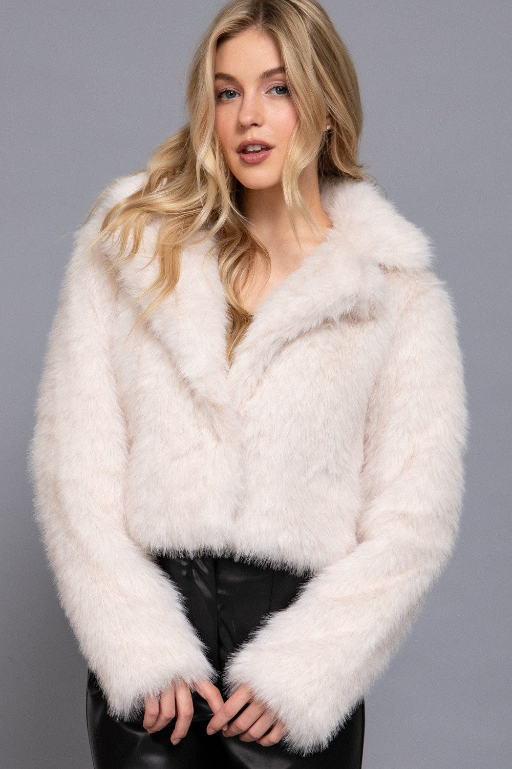 Long Slv Notched Collar Faux Fur Crop Jacket