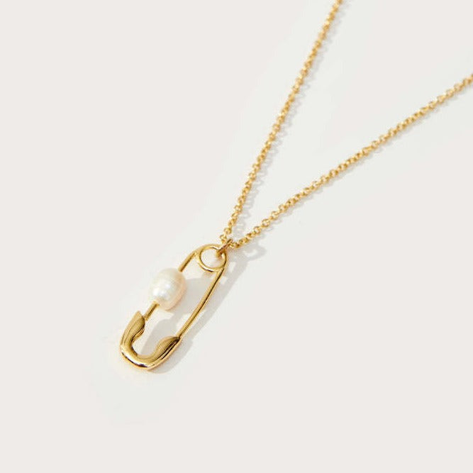 Elegant Gold Safety Pin Necklace with Pearl Accent Stella Harte