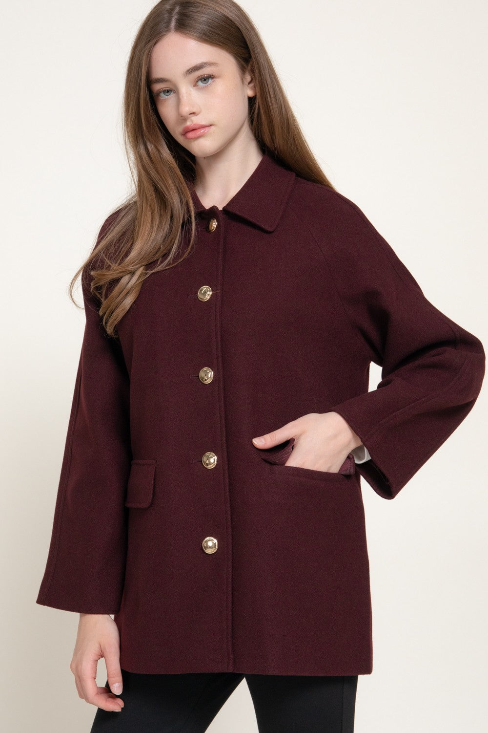 Long Sleeve Notched Collar Felt Coat