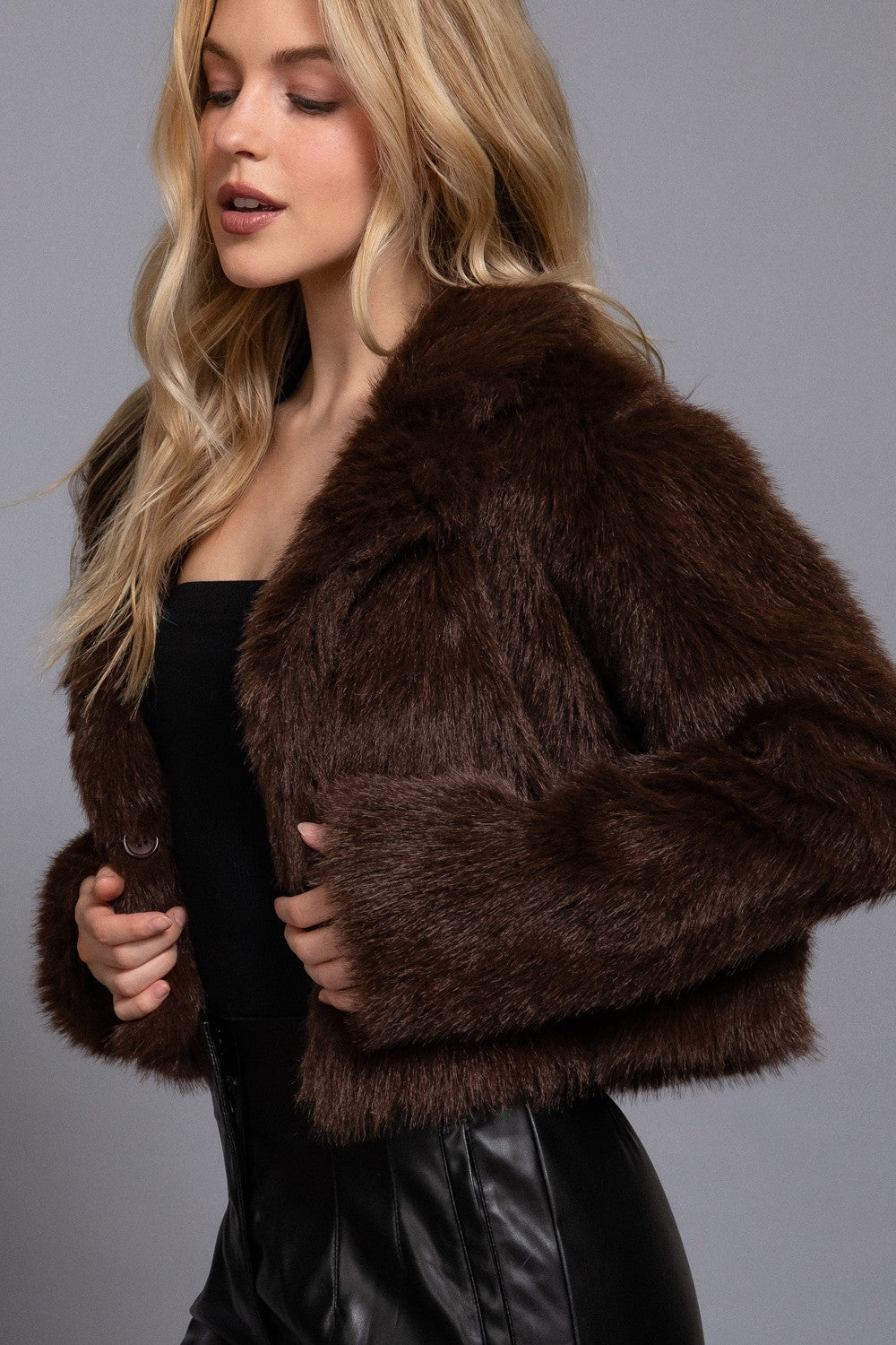 Long Slv Notched Collar Faux Fur Crop Jacket