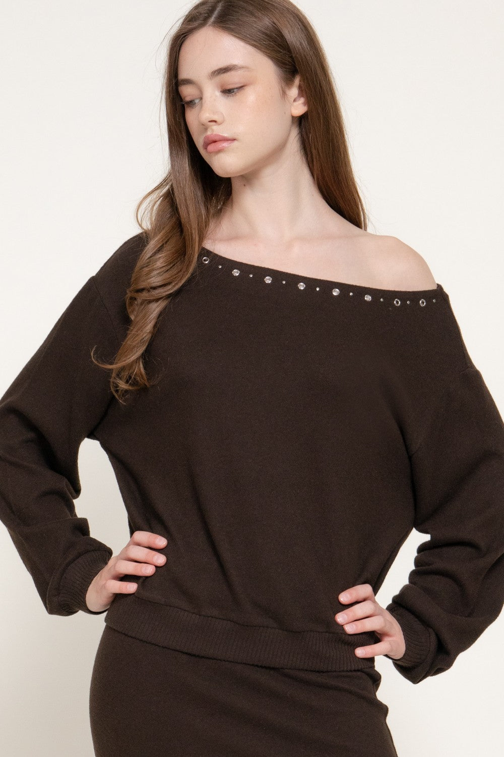 Long Slv Boat Neck Brushed Knit Top