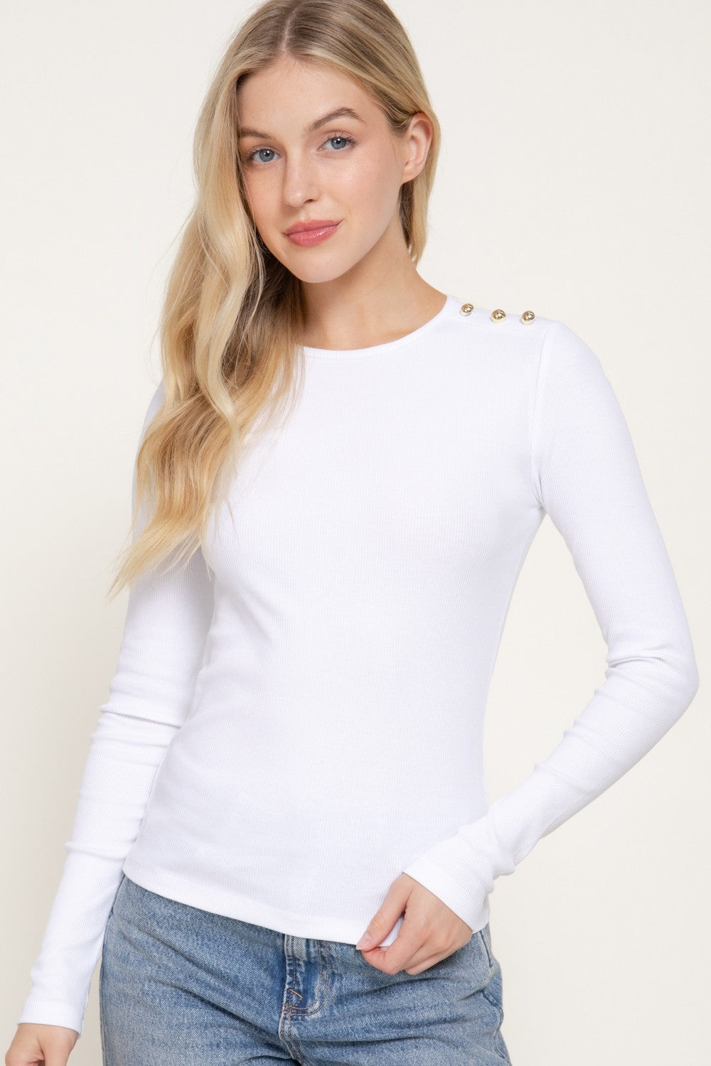 Long Sleeve Shoulder Buttoned Ribbed Knit Top