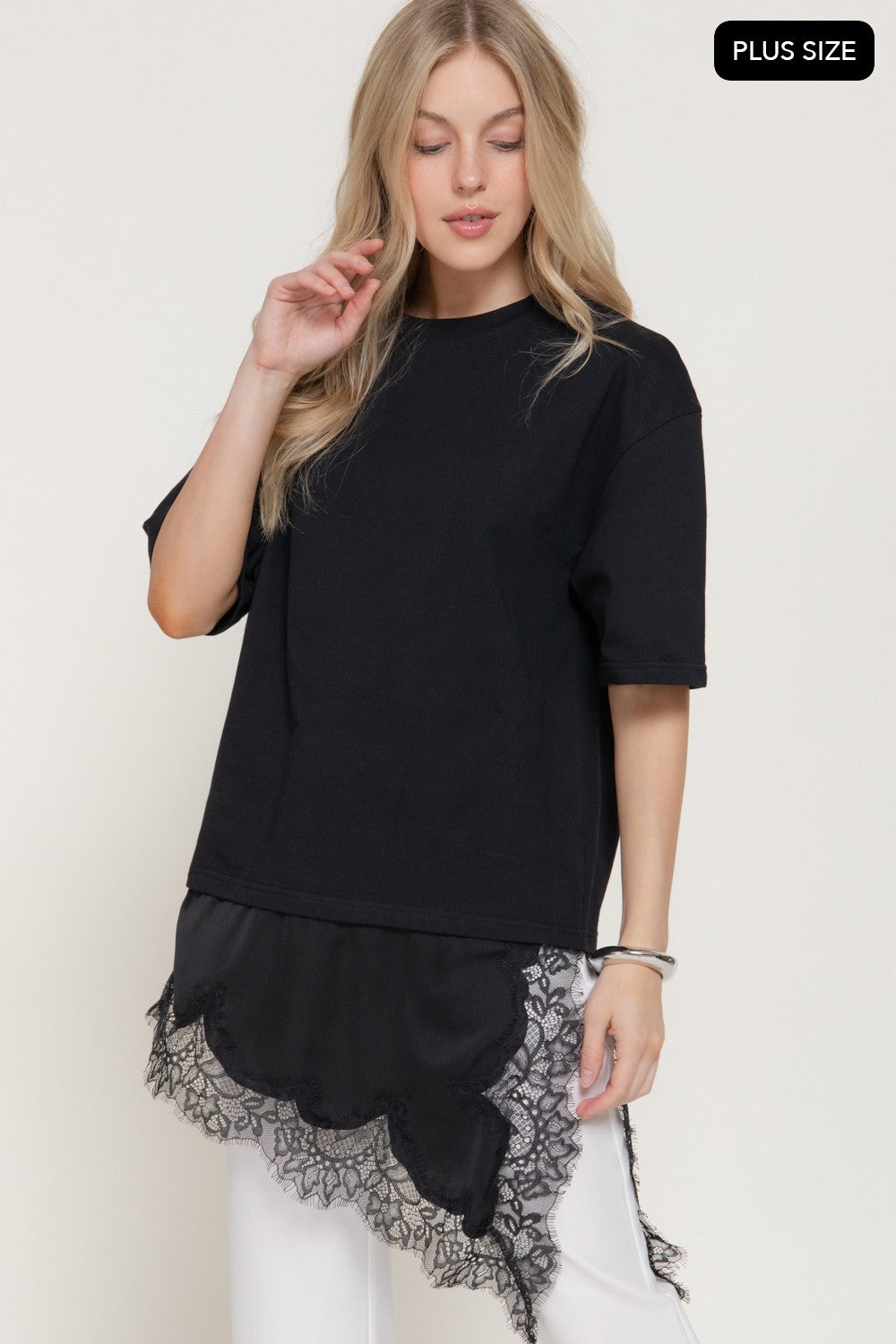 Short Slv Asymmetrical Hem Tonal Lace Knit Top