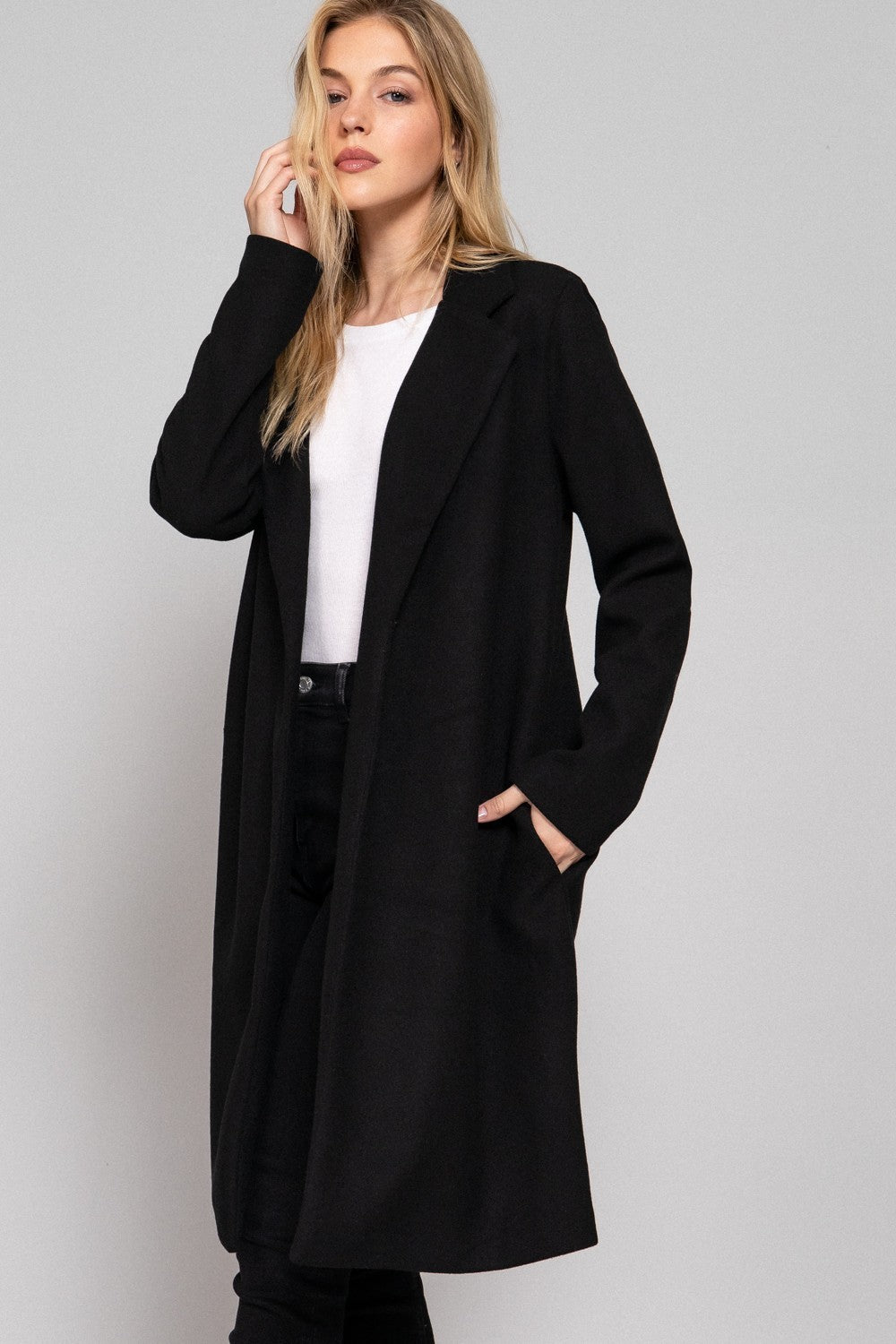 Long Slv Notched Collar Open Front Long Coat