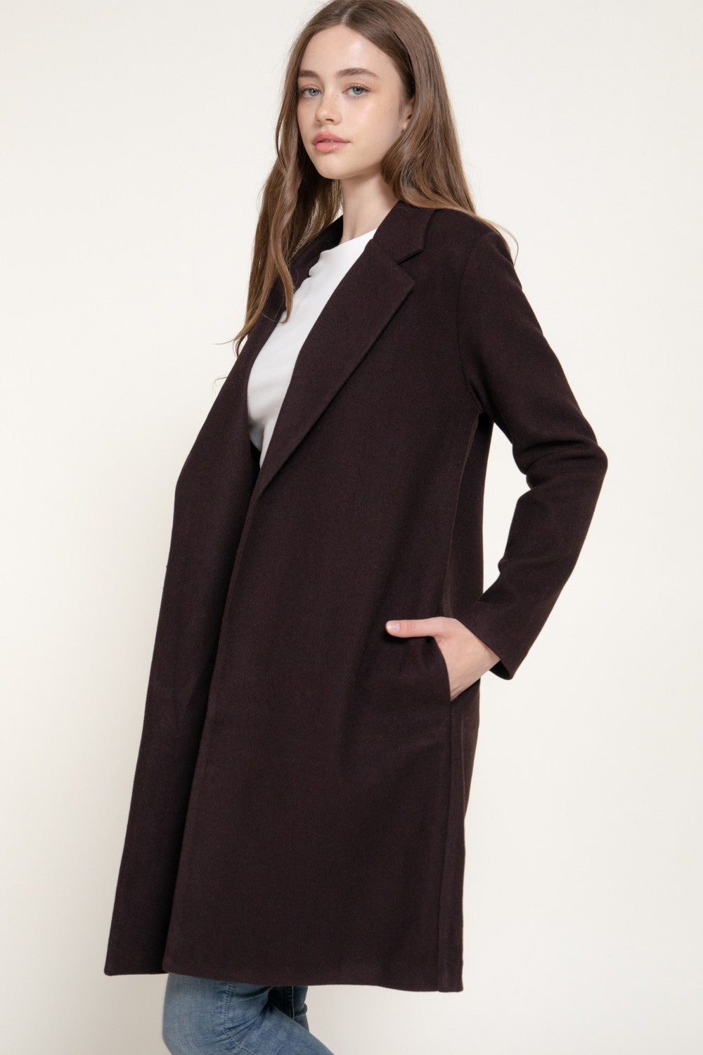 Long Slv Notched Collar Open Front Long Coat