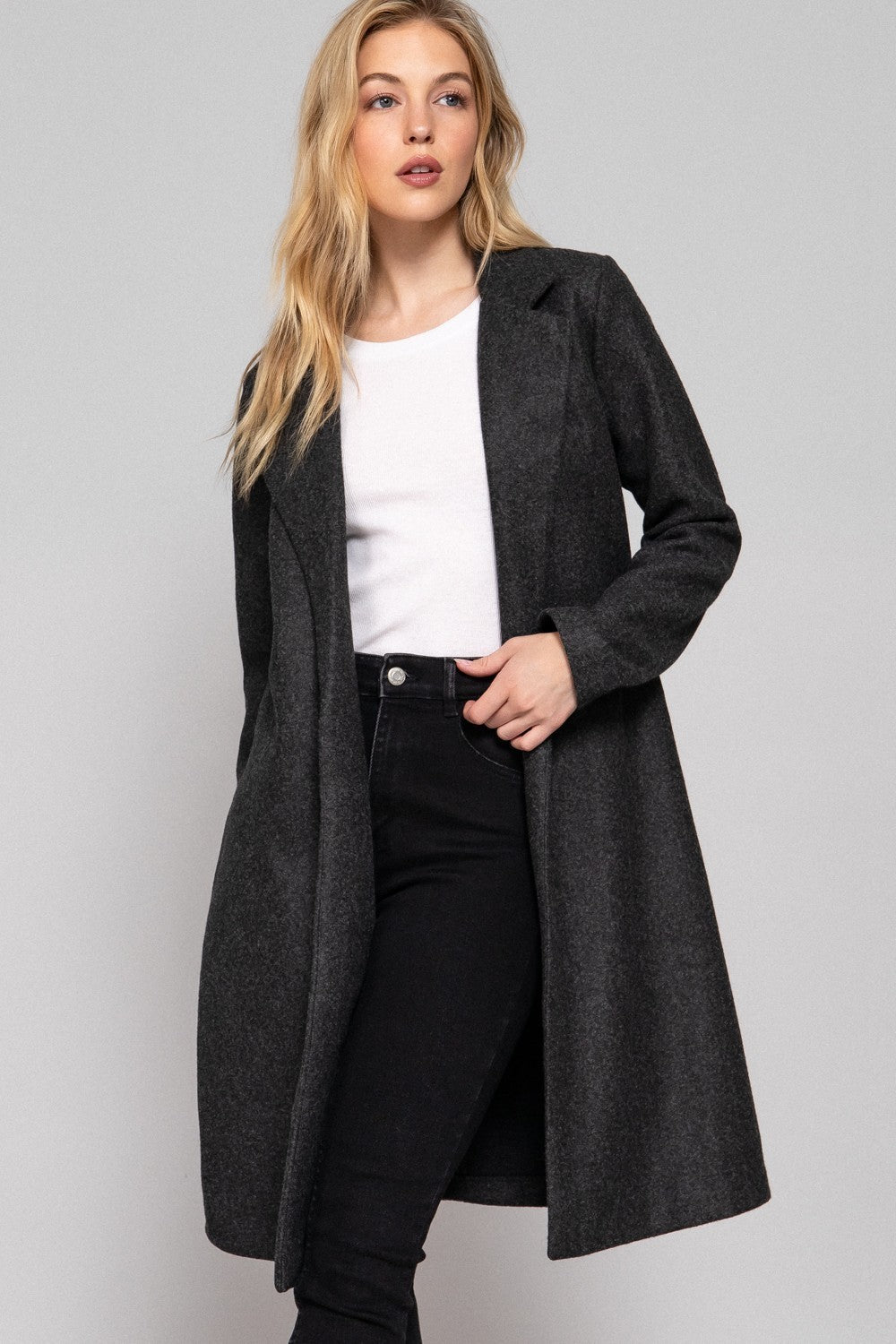 Long Slv Notched Collar Open Front Long Coat