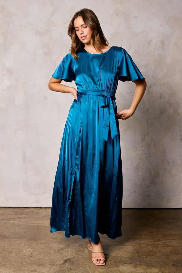 Dull Satin Slit Dress With Waist Tie