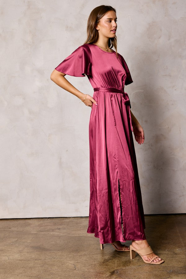Dull Satin Slit Dress With Waist Tie