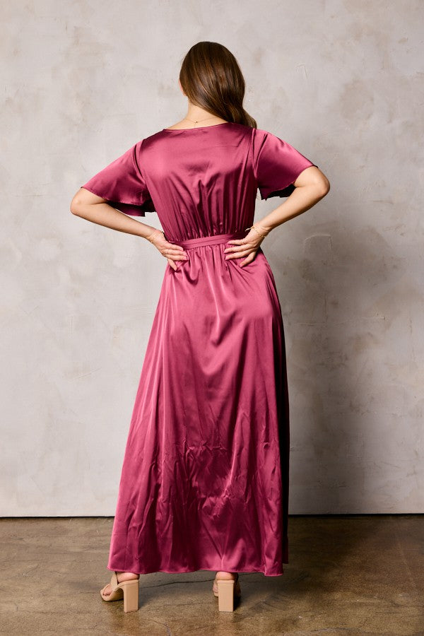 Dull Satin Slit Dress With Waist Tie
