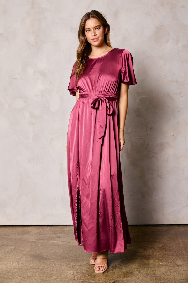 Dull Satin Slit Dress With Waist Tie