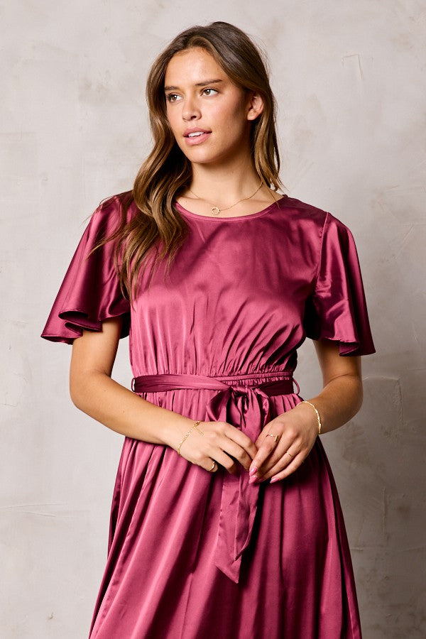 Dull Satin Slit Dress With Waist Tie