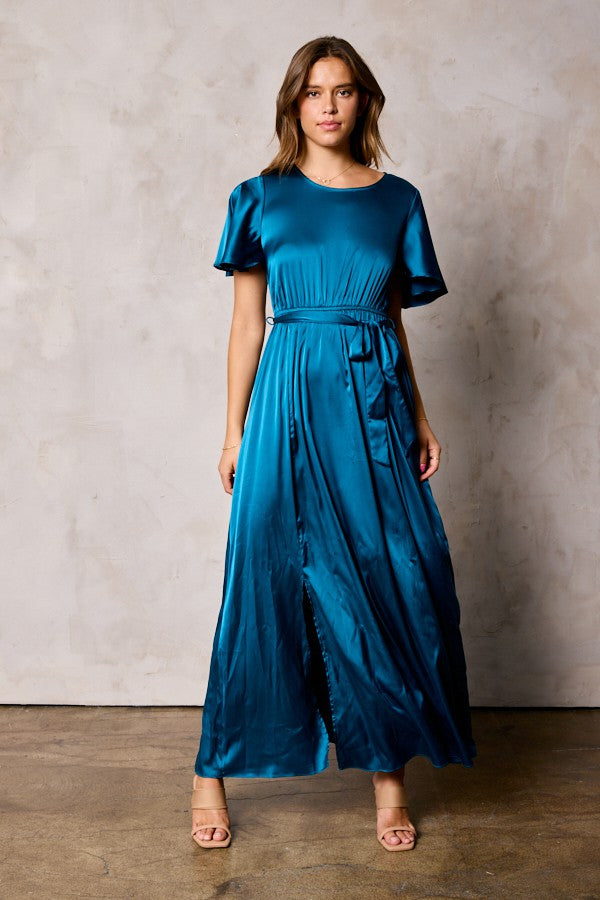 Dull Satin Slit Dress With Waist Tie