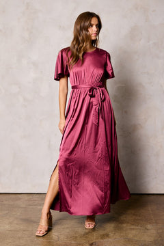 Dull Satin Slit Dress With Waist Tie