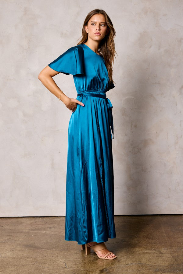 Dull Satin Slit Dress With Waist Tie