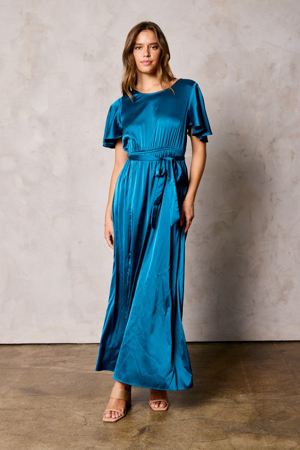 Dull Satin Slit Dress With Waist Tie