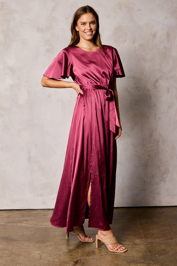 Dull Satin Slit Dress With Waist Tie