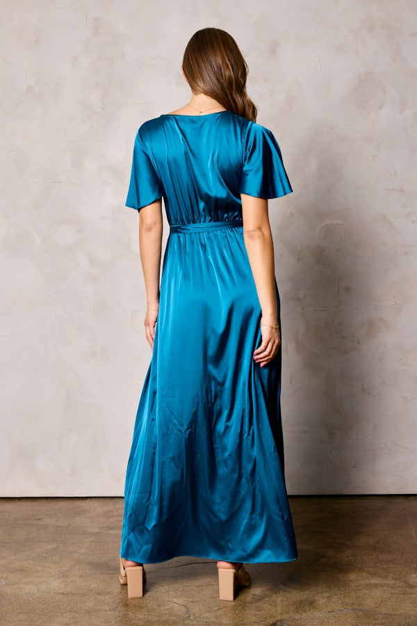 Dull Satin Slit Dress With Waist Tie