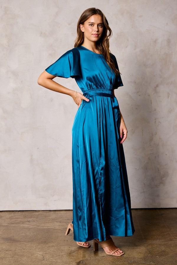 Dull Satin Slit Dress With Waist Tie