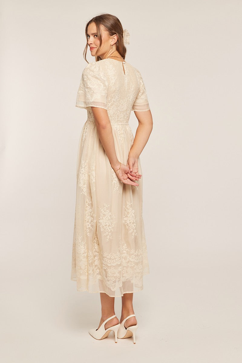 Embroidery Smocked Midi Dress