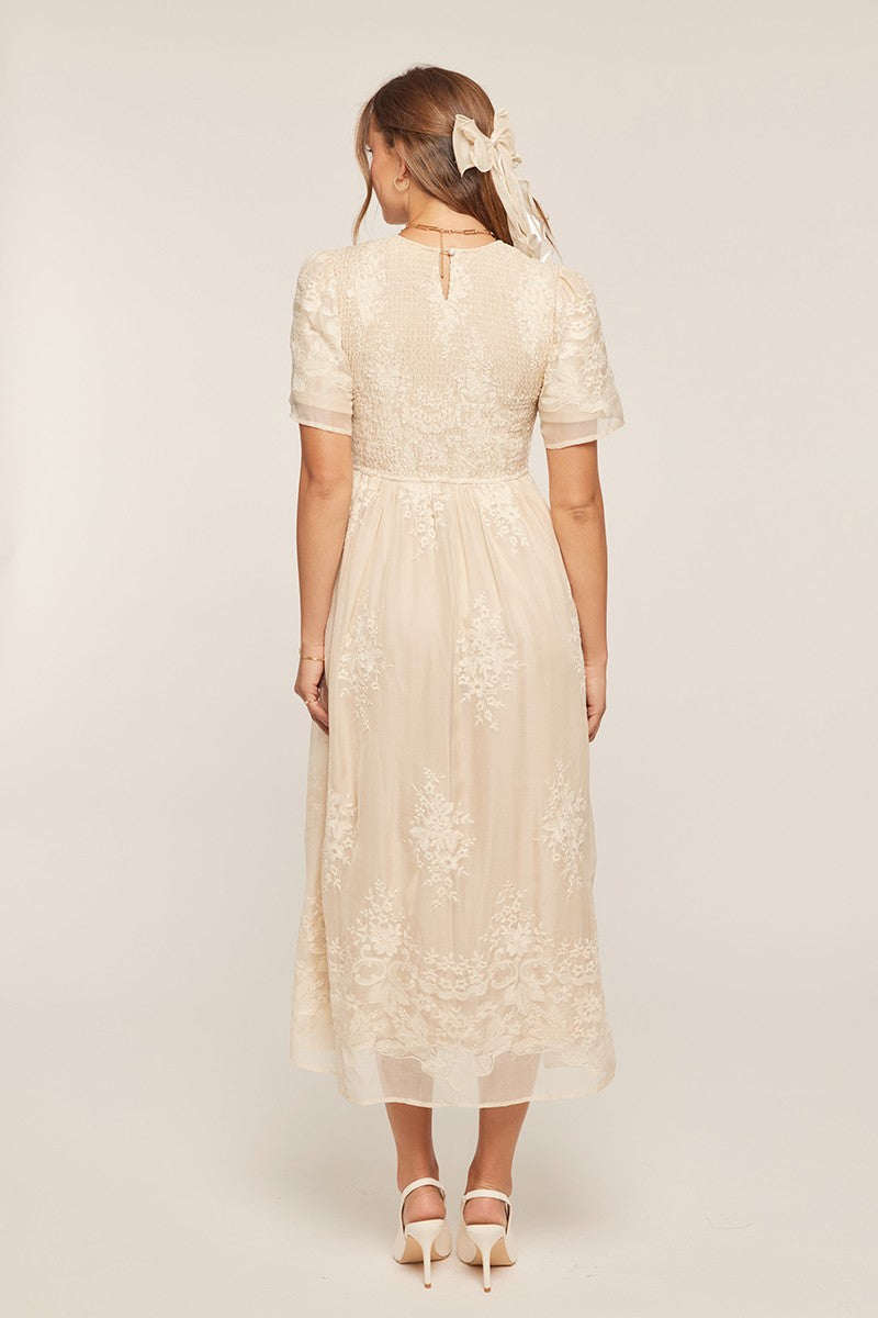 Embroidery Smocked Midi Dress