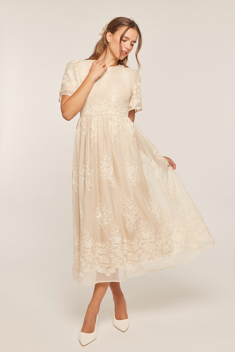 Embroidery Smocked Midi Dress