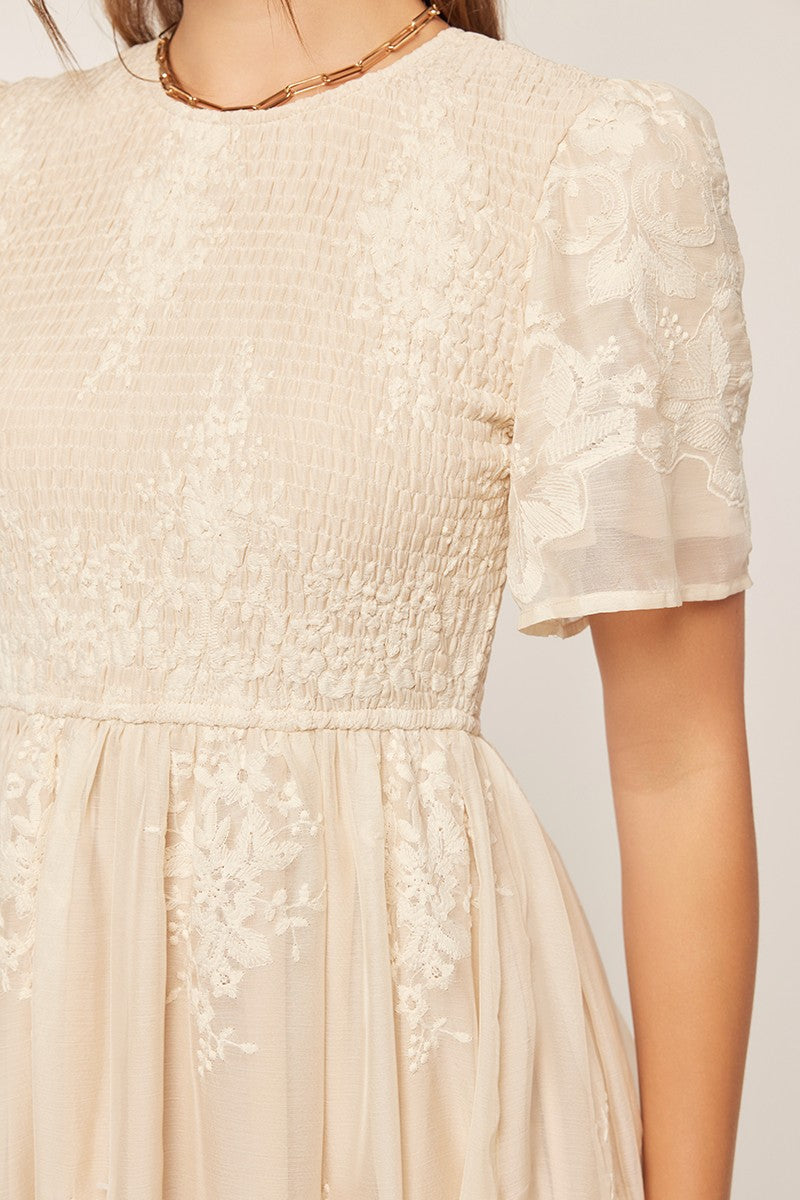Embroidery Smocked Midi Dress