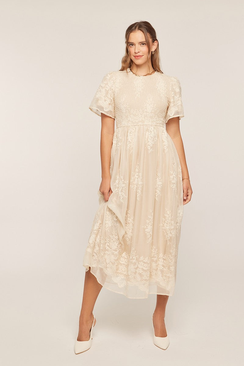 Embroidery Smocked Midi Dress