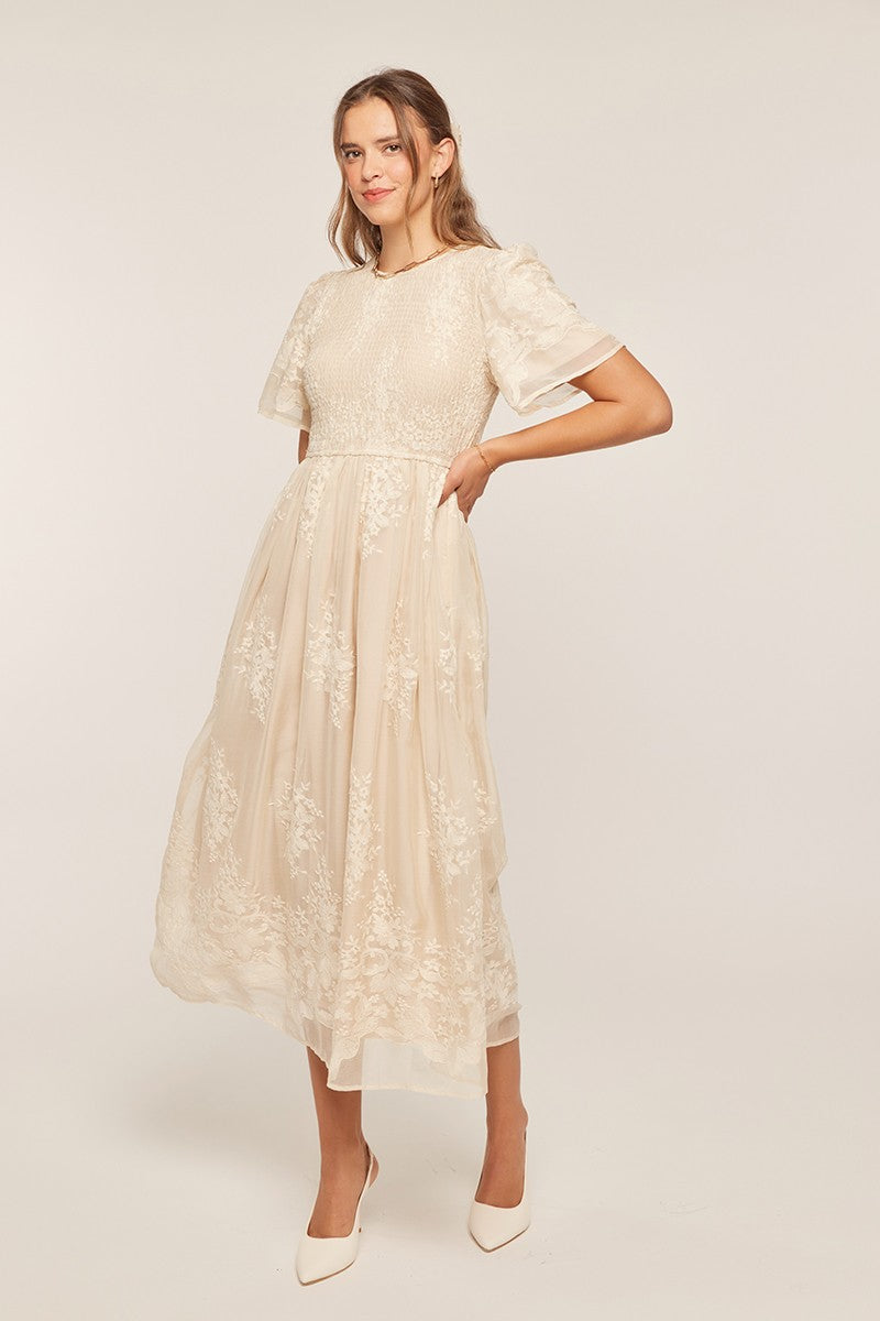 Embroidery Smocked Midi Dress